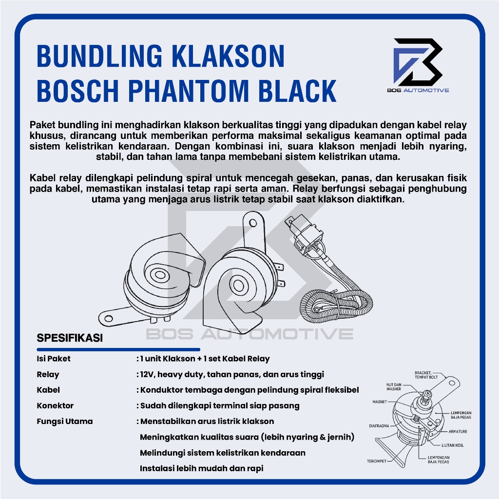 Klakson Keong Mobil Motor BOSCH Phantom Black dengan Kabel Relay Set Klakson 12v - foto-produk-2