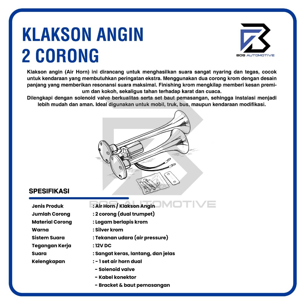 Klakson 2 Terompet  Angin Mobil Bus Truk Container 2 Corong 24V / 12V Universal - foto-produk-2