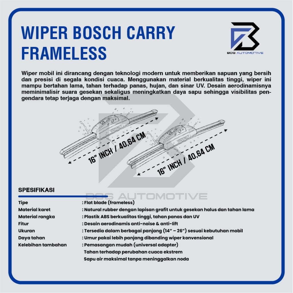 Wiper Blade BOSCH Clear Frameless Karet | Advantage Besi Kipas Kaca Depan Mobil SUZUKI CARRY FUTURA Frame Hook 16" - 16" Inch Original - foto-produk-2