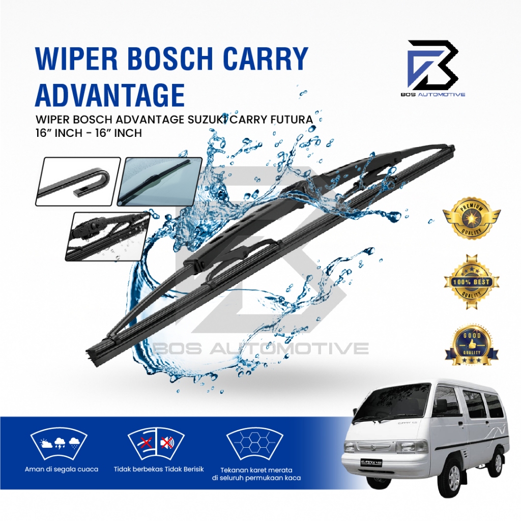 Wiper Blade BOSCH Clear Frameless Karet | Advantage Besi Kipas Kaca Depan Mobil SUZUKI CARRY FUTURA Frame Hook 16" - 16" Inch Original - foto-variasi-1