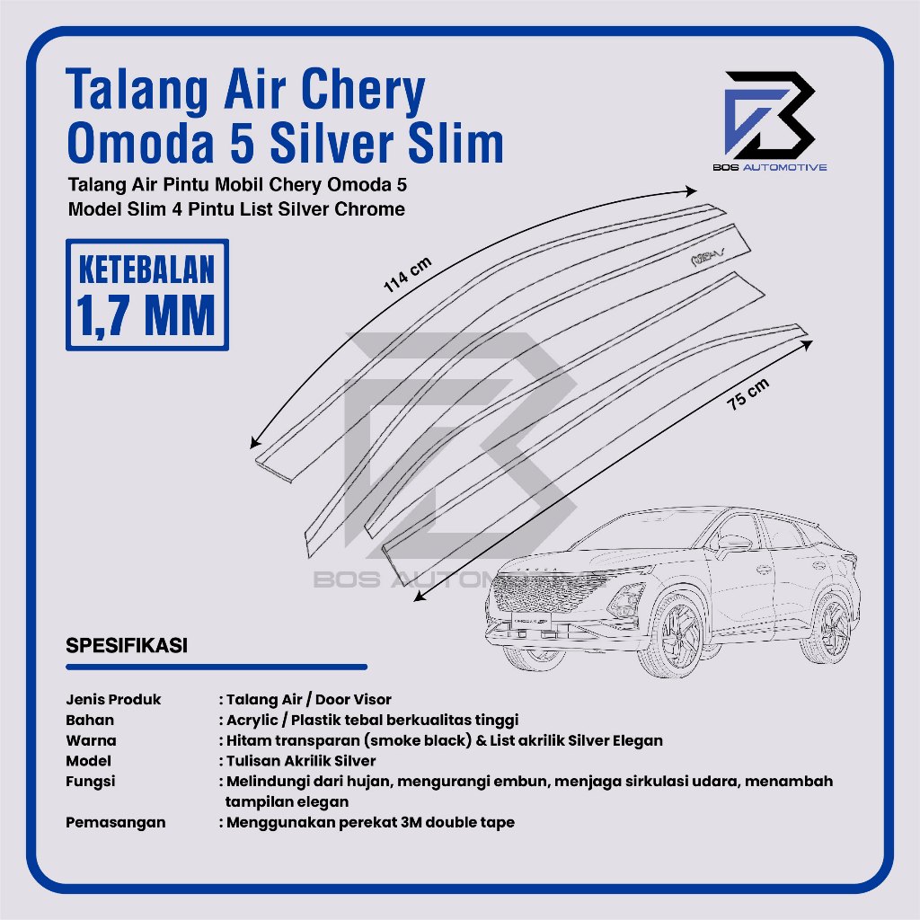 Talang Air Pintu List Silver Chrome Mobil Chery Omoda 5 2023 Model Slim 4 Pintu - foto-produk-3