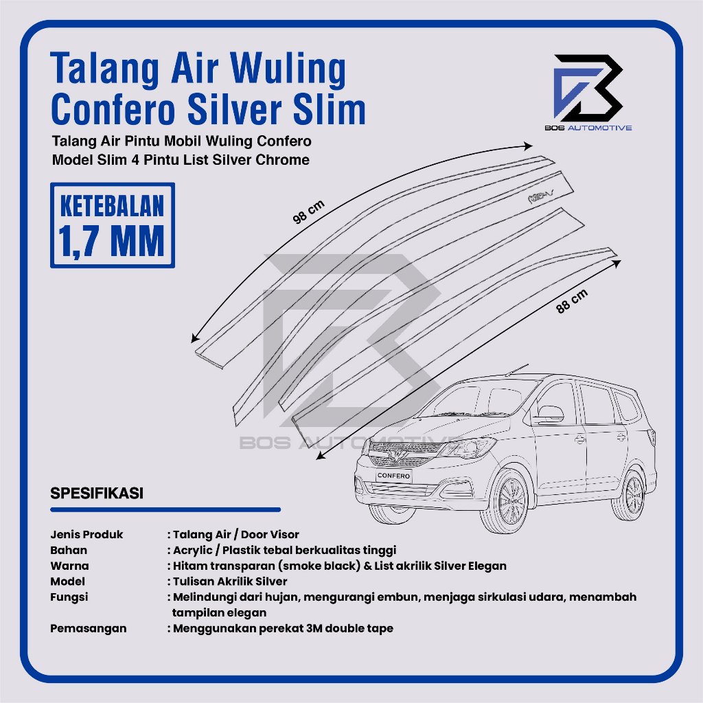Talang Air Pintu List Silver Chrome Mobil Wuling Confero 2017 â€“ 2022 Model Slim 4 Pintu - foto-produk-2