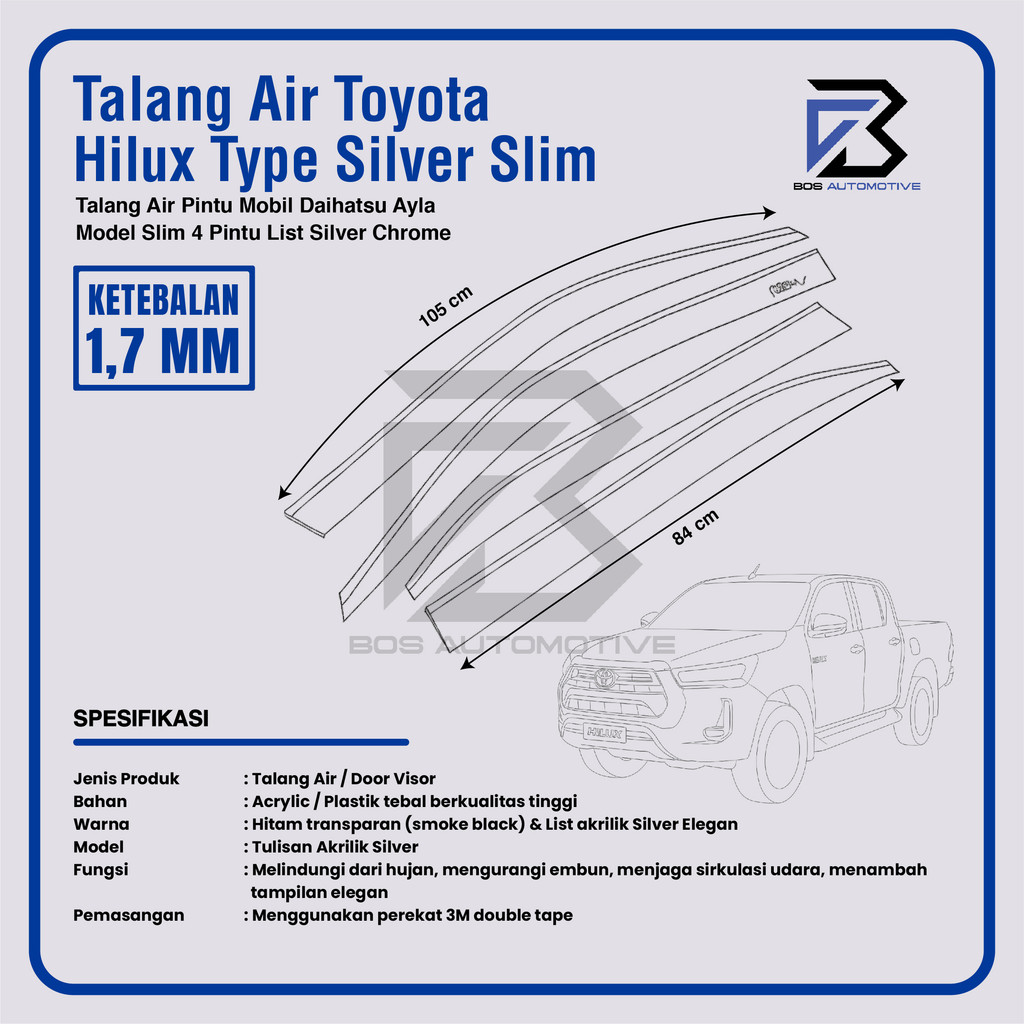Talang Air Pintu List Silver Chrome Mobil Toyota  All New Hilux 2016 â€“ 2021 Double Cabin Model Slim 4 Pintu - foto-produk-2