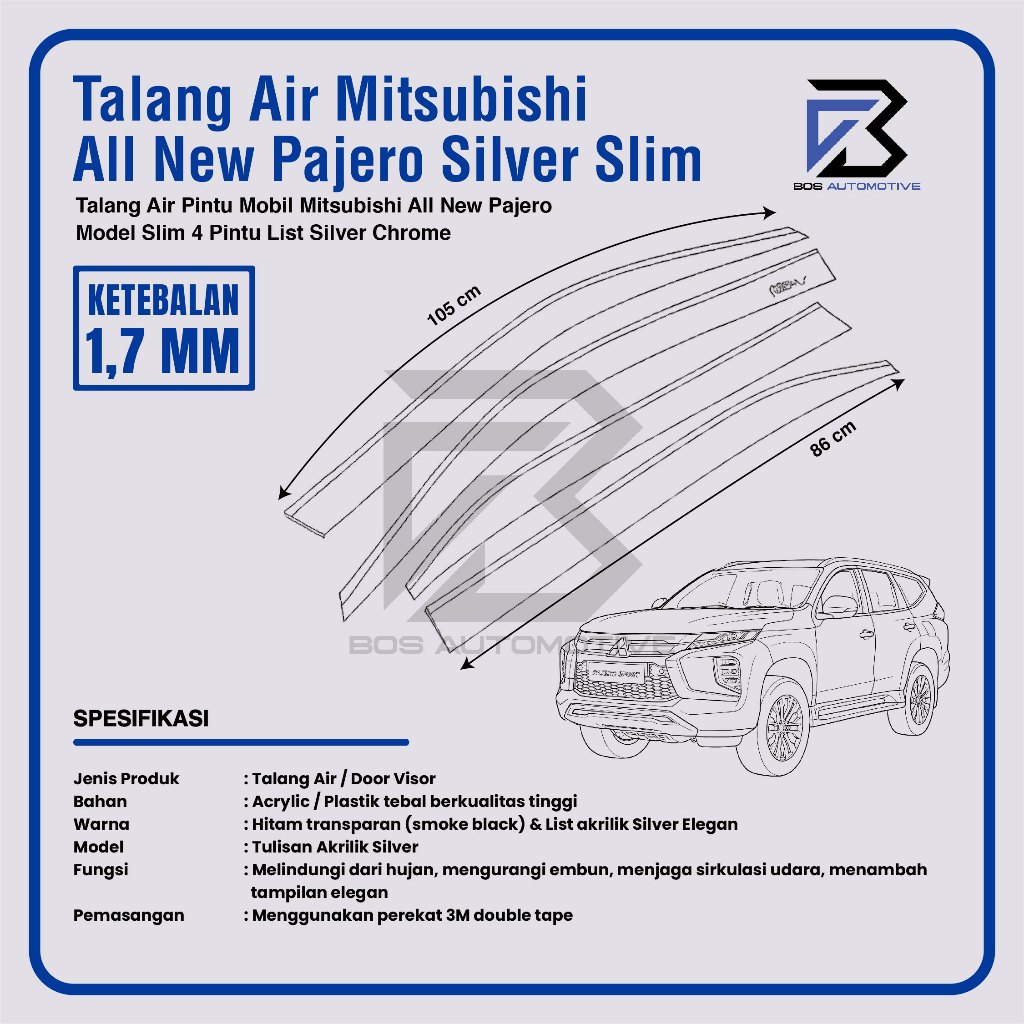 Talang Air Pintu List Silver Chrome Mobil Mitsubishi All New Pajero Sport 2015 â€“ 2022 Model Slim 4 Pintu - foto-produk-2