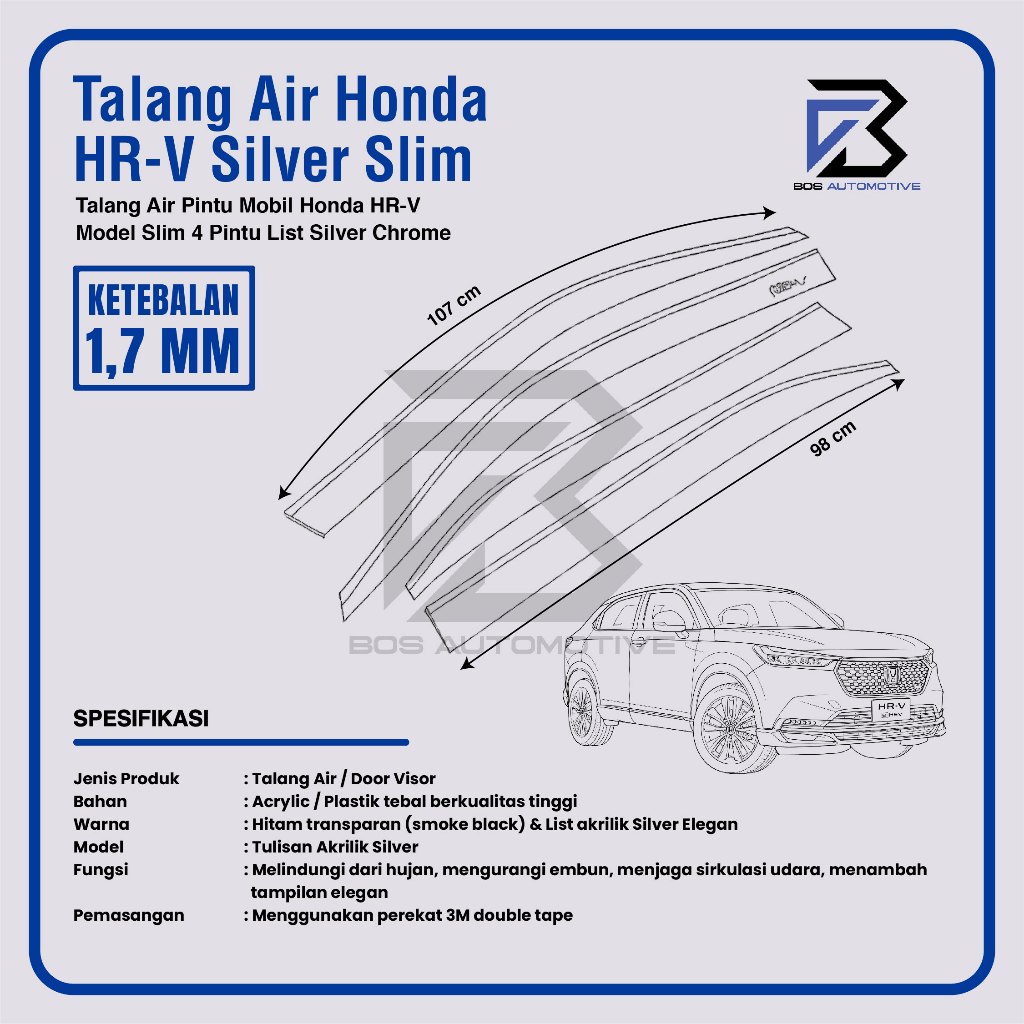 Talang Air Pintu Mobil List Silver Honda HRV 2015 â€“ 2020 Model Slim 4 Pintu - foto-produk-2