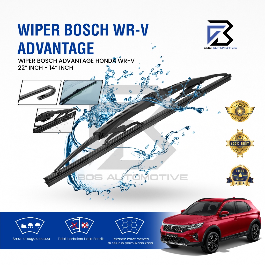Wiper Blade BOSCH Clear Frameless Karet | Advantage Besi Kipas Kaca Depan Mobil Honda WRV 2023 Frame Hook 22" - 14" Original - foto-variasi-1