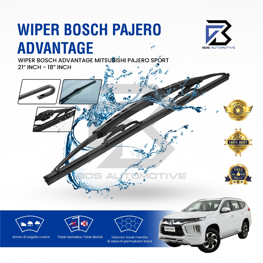 Wiper Mobil BOSCH Clear Frameless Karet Kipas Kaca Depan Mobil MITSUBISHI PAJERO SPORT 2008 Frame Hook 21" - 18" Inch Original - foto-variasi-1