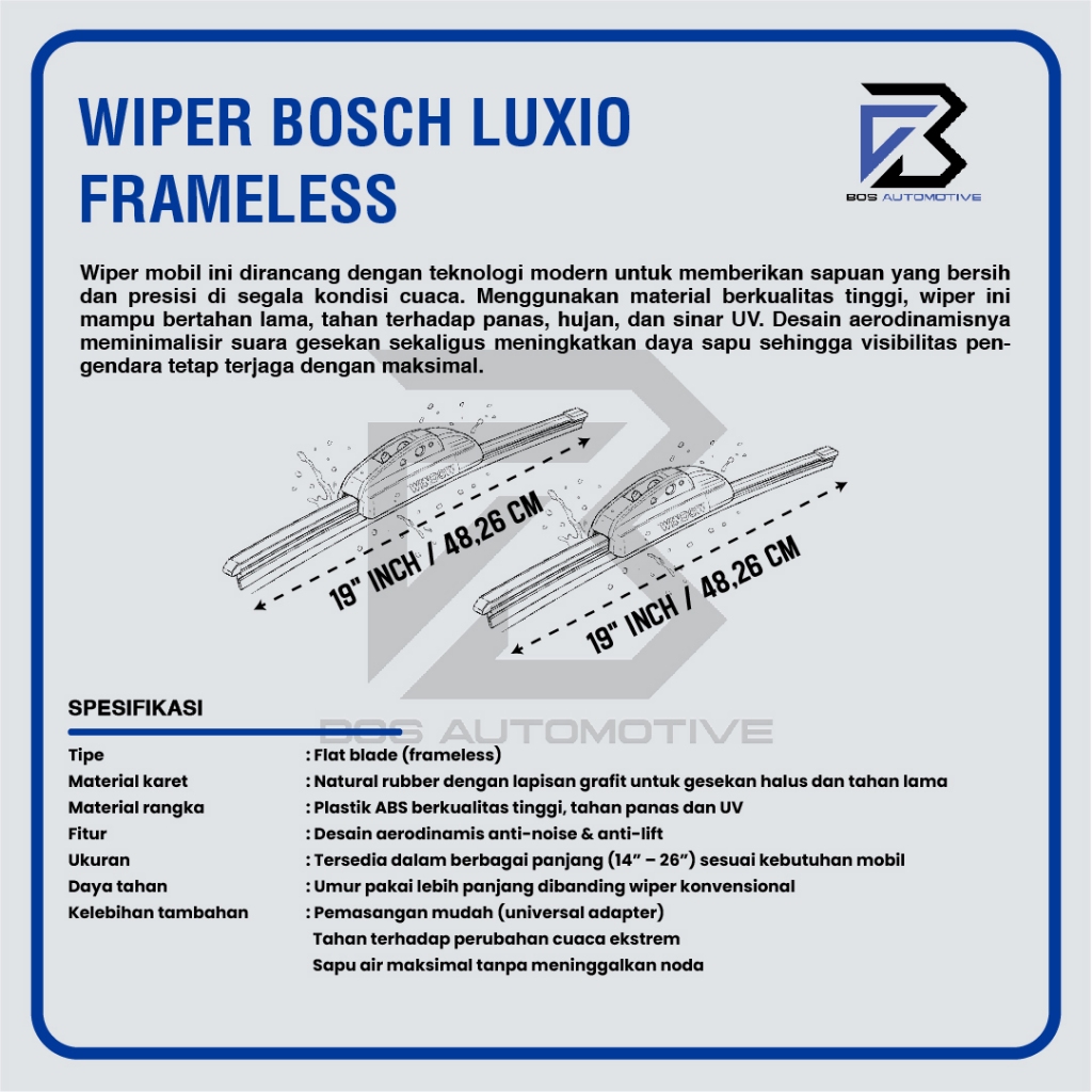 Wiper Blade BOSCH Clear Frameless Karet | Advantage Besi Kipas Kaca Depan Mobil DAIHATSU LUXIO Frame Hook 19" - 19" Inch Original - foto-produk-2