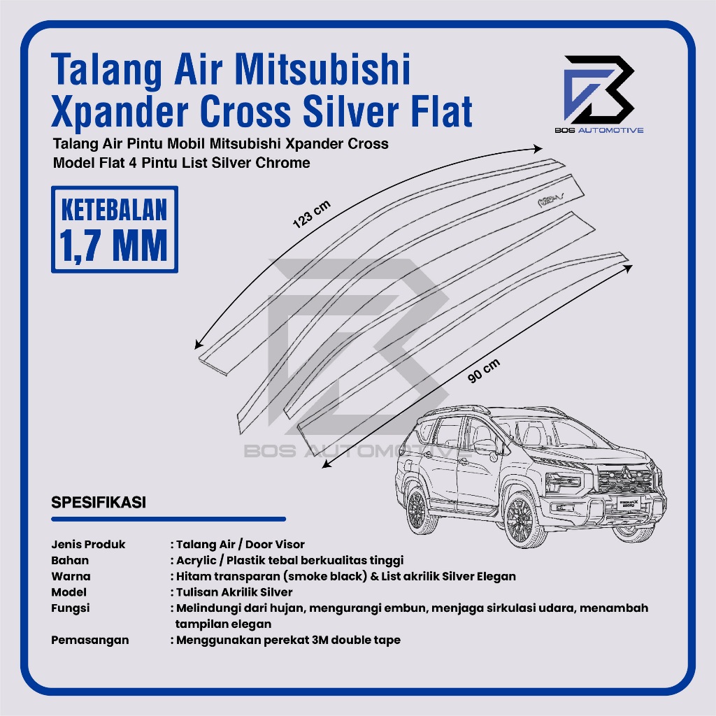 Talang Air Pintu Mobil List Silver Chrome Mobil Mitsubishi Xpander Cross 2019 â€“ 2024 Model FLAT 4 Pintu - foto-produk-3