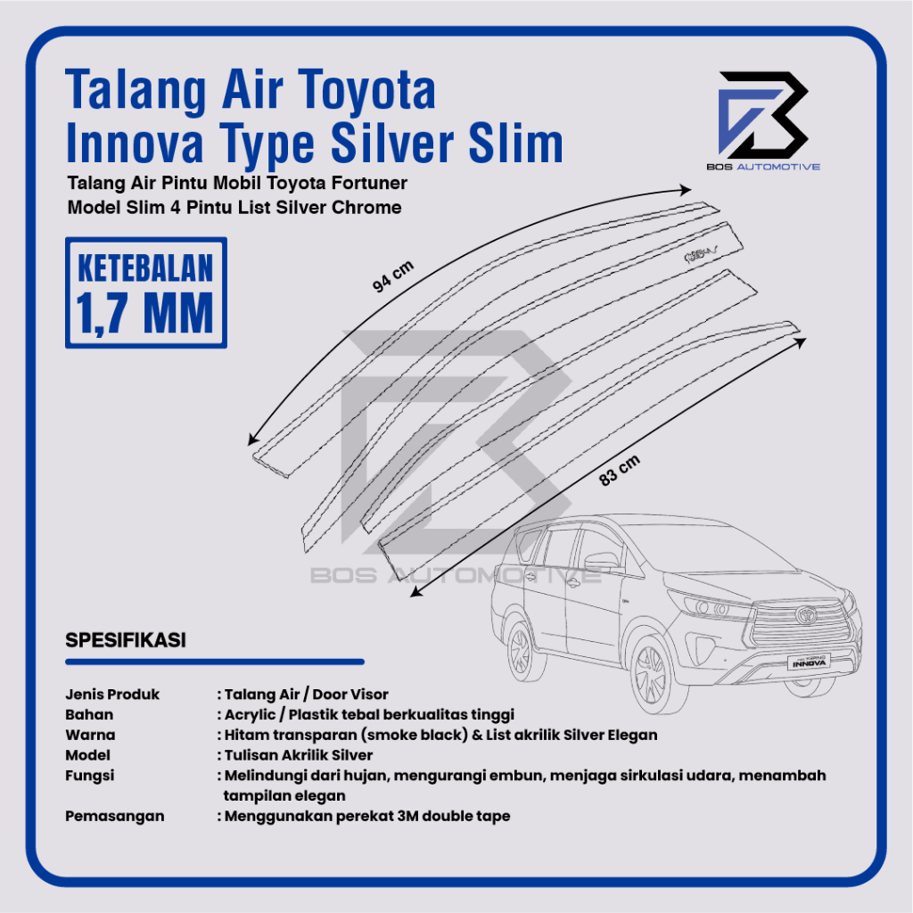Talang Air Pintu List Silver Mobil Toyota Innova 2003 â€“ 2015 Model Slim 4 Pintu - foto-produk-2