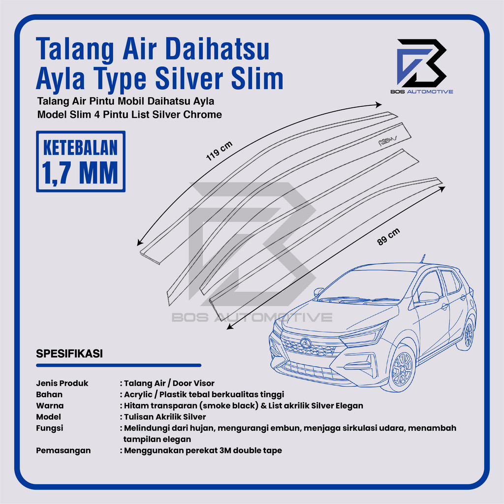 Talang Air Pintu List Silver Chrome Mobil Daihatsu Ayla 2012 - 2019 Model Slim 4 Pintu - foto-produk-2