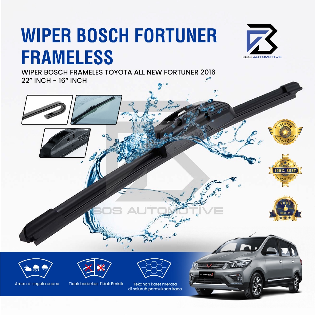 Wiper Blade BOSCH Clear Frameless Karet | Advantage Besi Kipas Kaca Depan Mobil TOYOTA ALL NEW FORTUNER 2016 Frame Hook 22" - 16" Inch Original - foto-sampul