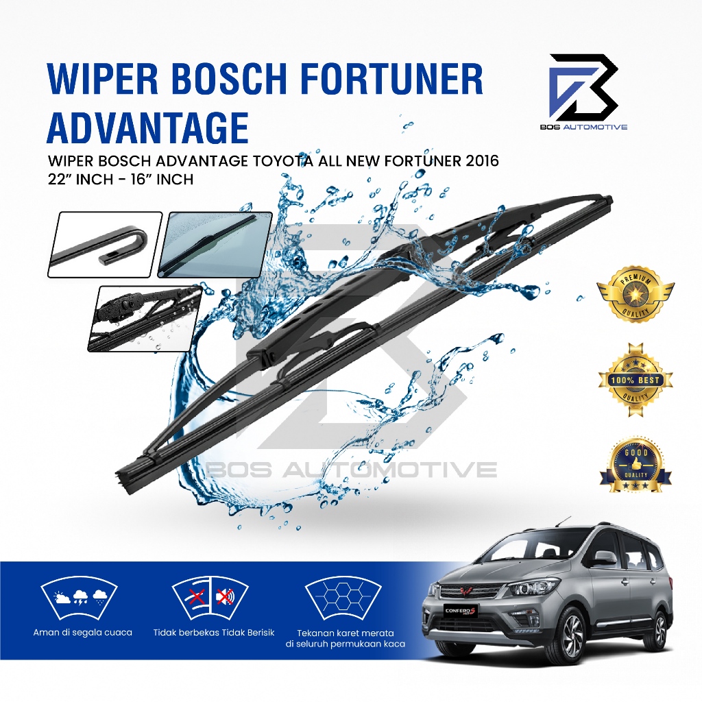Wiper Blade BOSCH Clear Frameless Karet | Advantage Besi Kipas Kaca Depan Mobil TOYOTA ALL NEW FORTUNER 2016 Frame Hook 22" - 16" Inch Original - foto-variasi-1