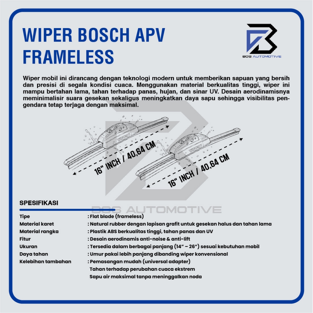 Wiper Blade BOSCH Clear Frameless Karet | Advantage Besi Kipas Kaca Depan Mobil SUZUKI APV Frame Hook 16" - 16" Inch Original - foto-produk-2