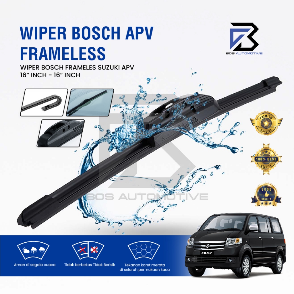 Wiper Blade BOSCH Clear Frameless Karet | Advantage Besi Kipas Kaca Depan Mobil SUZUKI APV Frame Hook 16" - 16" Inch Original - foto-sampul
