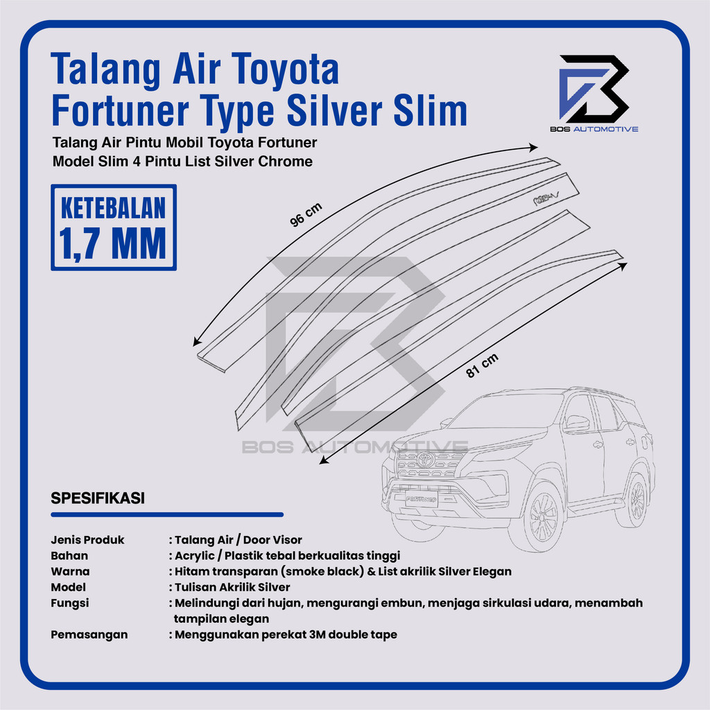 Talang Air Pintu List Silver Mobil Toyota Fortuner Lama 2004 â€“ 2015 Model Slim 4 Pintu - foto-produk-2