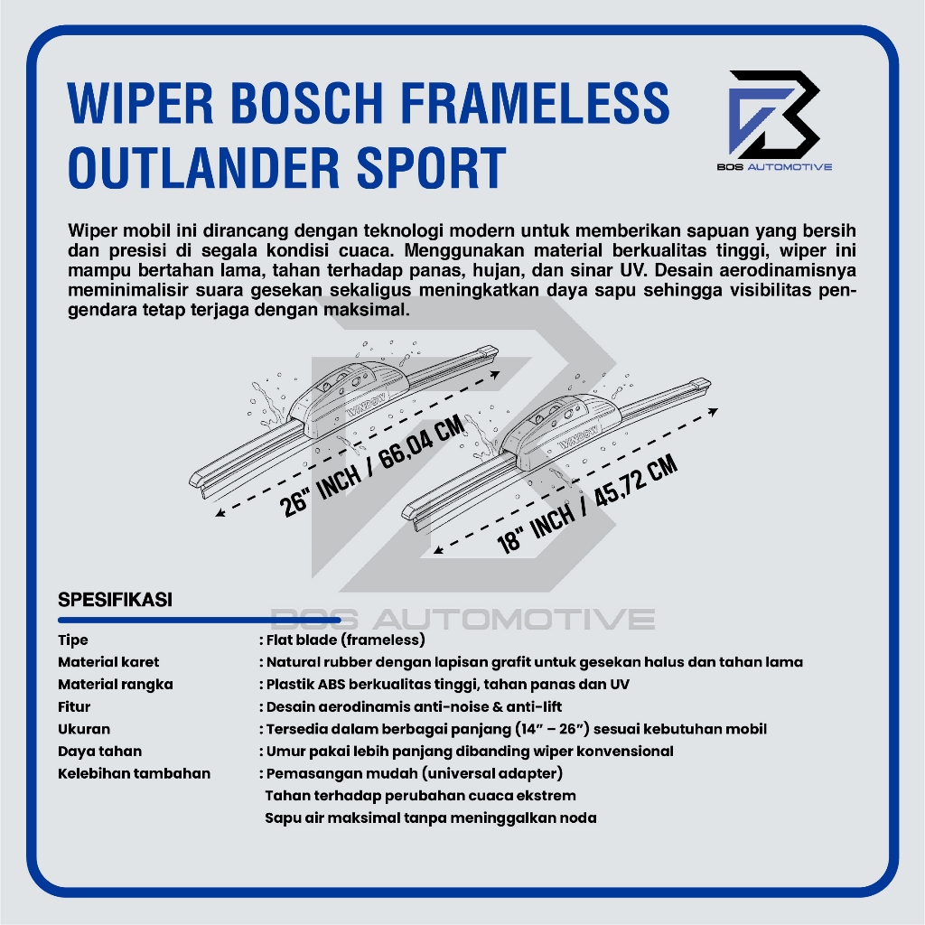 Wiper Mobil Bosch Clear Frameless / Karet / Wiper Depan Mobil MITSUBISHI Outlander Sport 26" - 18" Inch Original - foto-produk-2