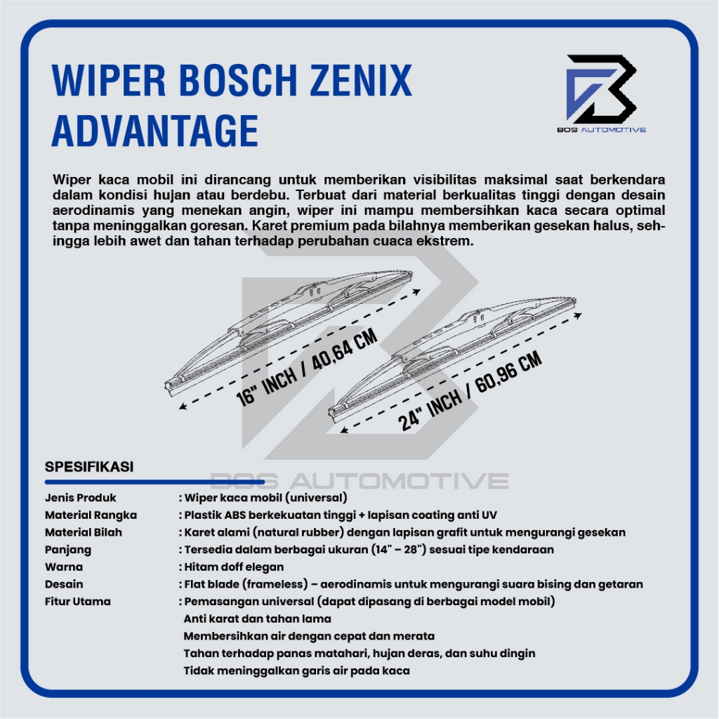 Wiper Blade BOSCH Advantage Besi | Clear Frameless Karet Kipas Kaca Depan Mobil TOYOTA INNOVA ZENIX 2023 Frame Hook 24" - 16" Inch Original - foto-produk-2