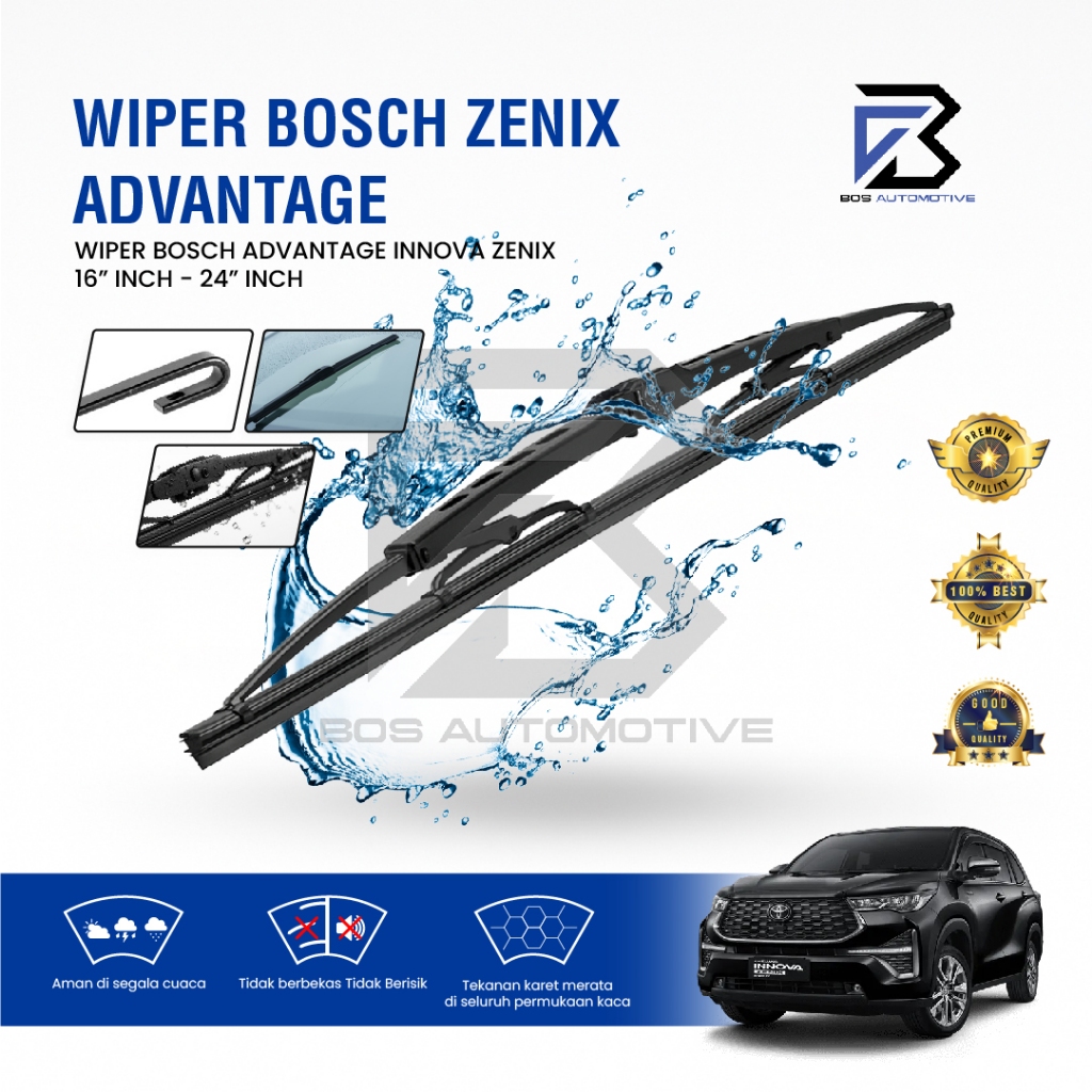 Wiper Blade BOSCH Advantage Besi | Clear Frameless Karet Kipas Kaca Depan Mobil TOYOTA INNOVA ZENIX 2023 Frame Hook 24" - 16" Inch Original - foto-sampul