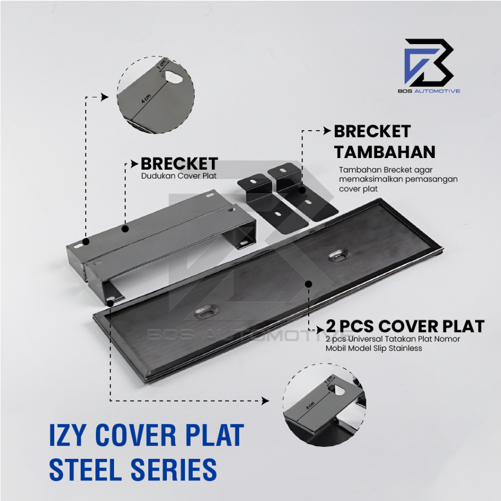 IZY Cover / Dudukan / Tempat / Frame / Breket / Bingkai / Rumah / Tatakan Plat Nomor Mobil Model Dinas Pejabat Slip On Besi Stainless Steel Mirror Silver Grey Anti Karat - foto-produk-3