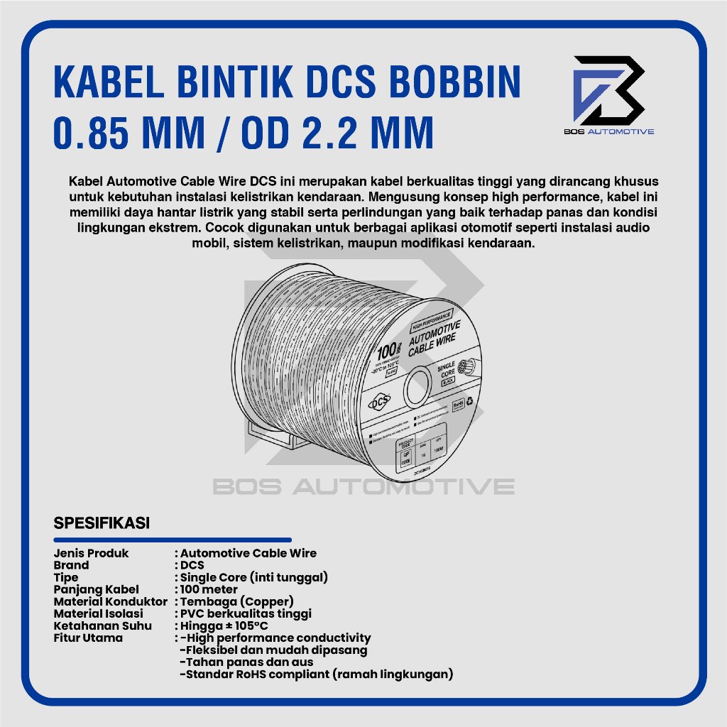 Kabel Bintik 0.85MM x 100M DCS Kabel Otomotif Body Mobil Motor Serabut Tembaga (BOBIN) - foto-produk-2