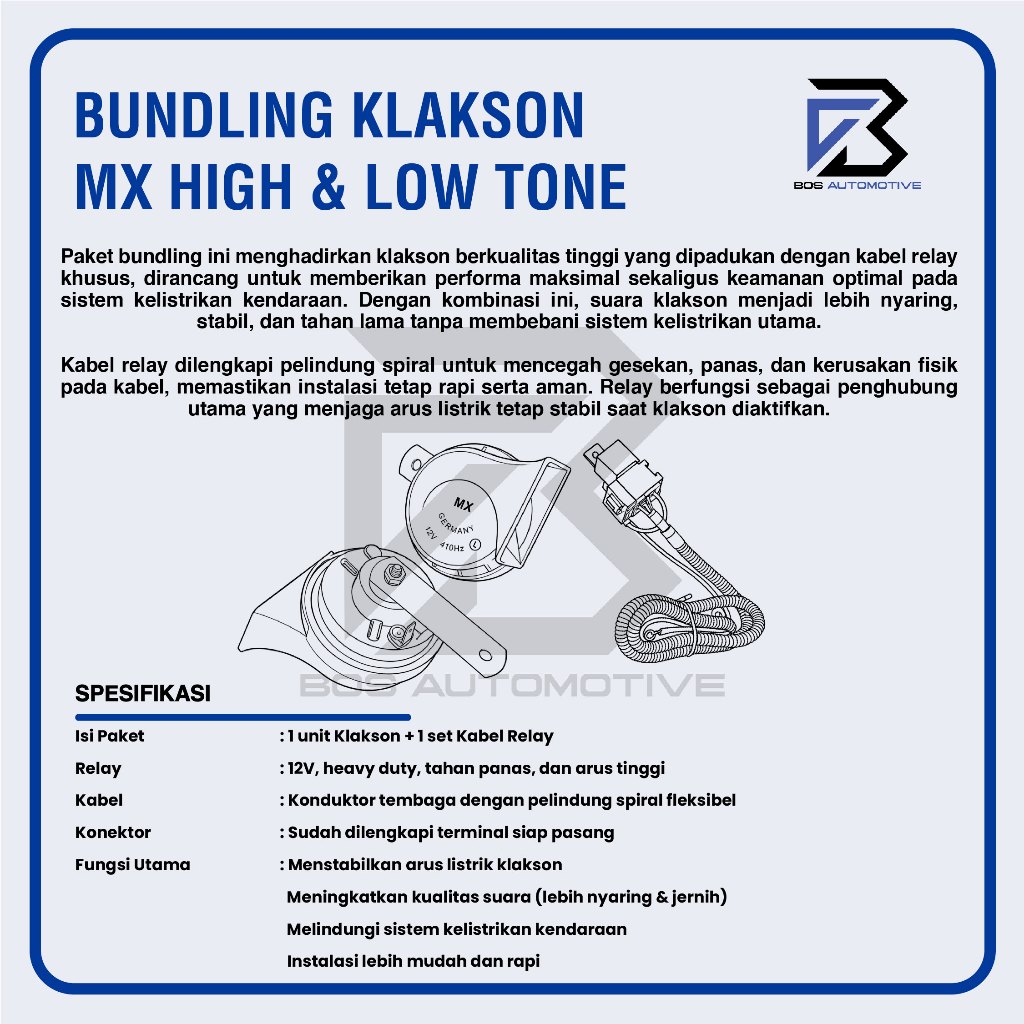Klakson MX LT1128 Keong High Low Tone Set 12V + Kabel Relay Set Klakson Mobil Motor Fanfare Horn - foto-produk-2