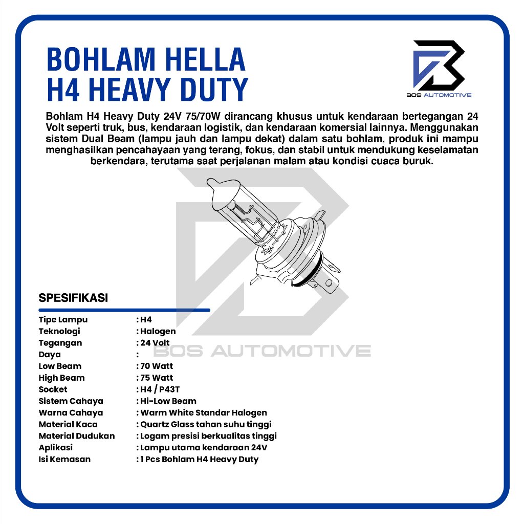 LAMPU HALOGEN HELLA H4 75/70W 24V LAMPU UTAMA MOBIL / TRUK ORIGINAL - foto-produk-2