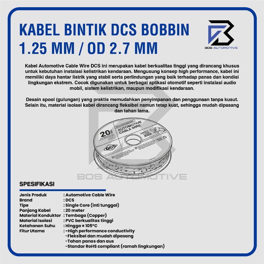 Kabel Bintik 1.25MM x 20M DCS Kabel Otomotif Body Mobil Motor Serabut Tembaga (BOBIN) - foto-produk-2