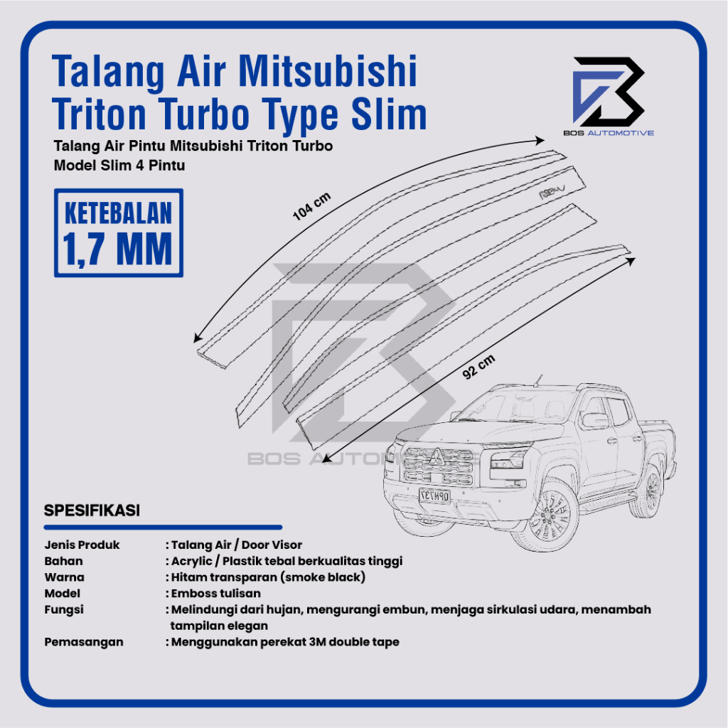 Talang Air Pintu Mobil Mitsubishi Triton Turbo Double Cabin 2024 Model Slim 4 Pintu - foto-produk-2