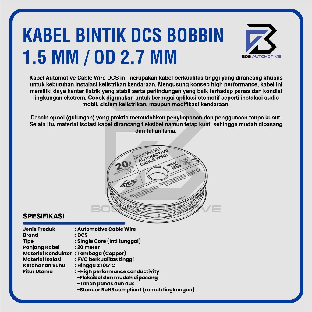 Kabel Bintik 1.5MM x 20M DCS Kabel Otomotif Body Mobil Motor Serabut Tembaga (BOBIN) - foto-produk-2