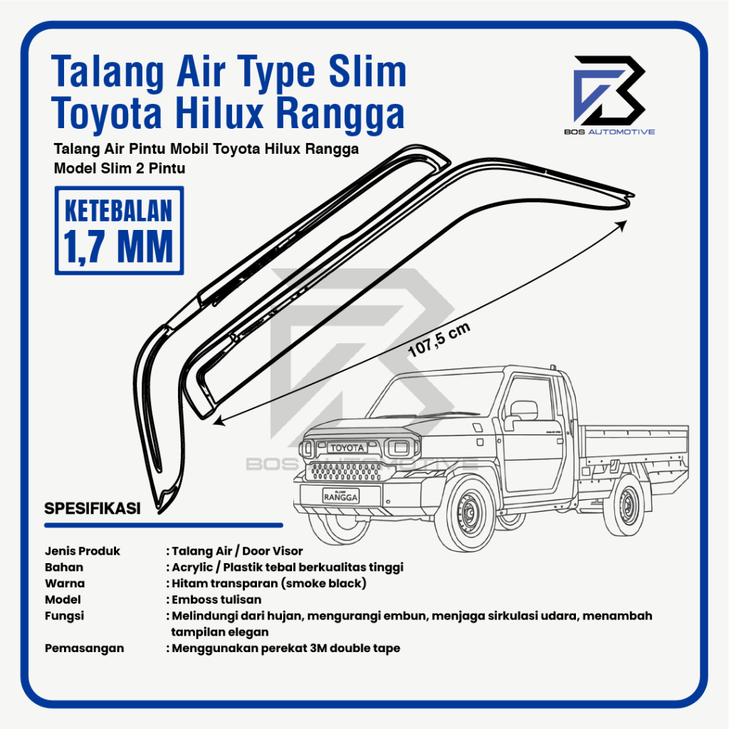 Talang Air Pintu Mobil Toyota Hilux Rangga SIngle Cabin Model Slim 2 Pintu Aklirik High Quality - foto-produk-2