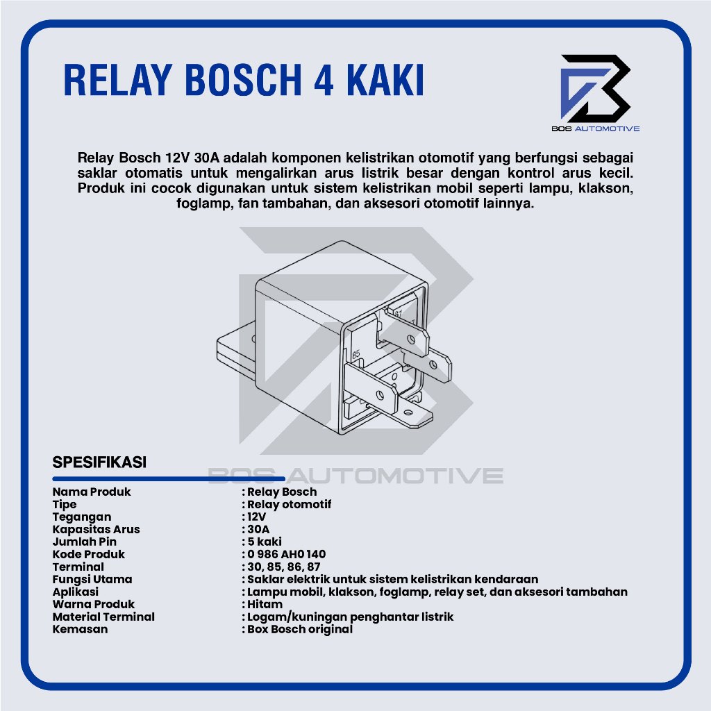 Relay BOSCH Kaki 4 Pin 12 volt 30 Ampere 20 Ampere Pemutus Arus Mobil Motor Original - foto-produk-3
