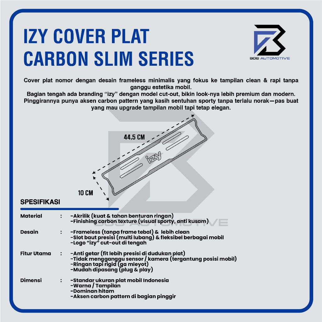 IZY Cover Plat Nomor Mobil Frameless Carbon Slim Series Base Akrilik 5mm Universal - foto-produk-2