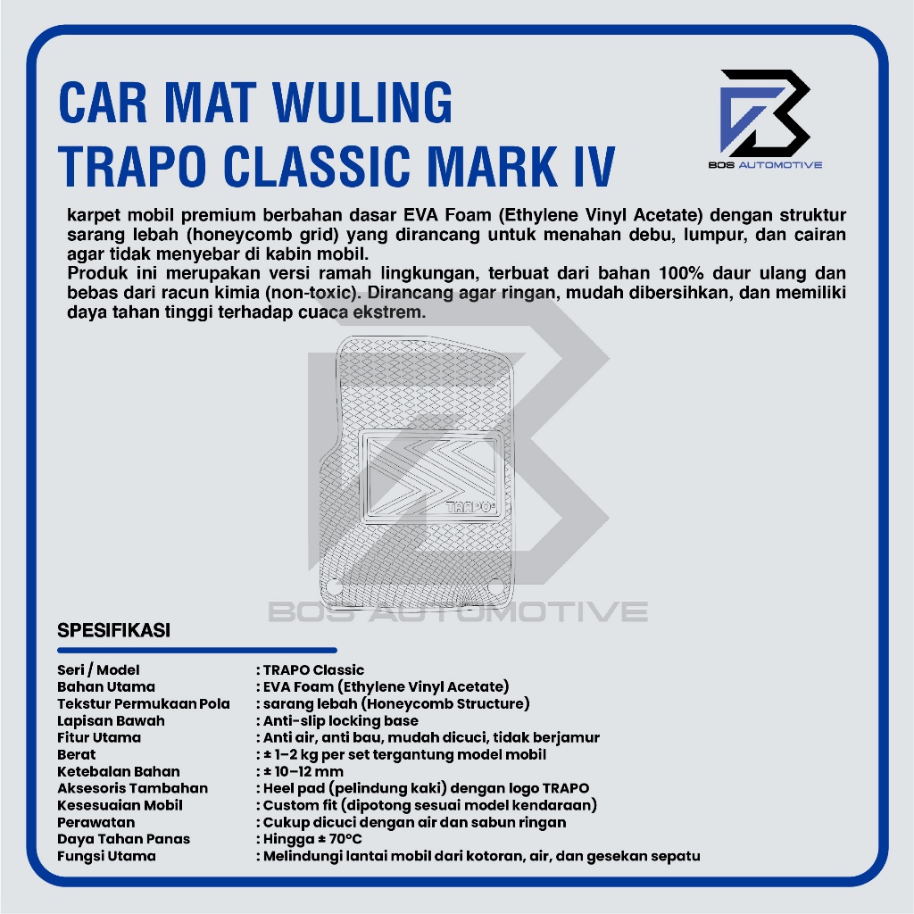Karpet Mobil WULING AIR EV (2022 - Sekarang) - Karpet Mobil Fullset Premium Anti Slip - Carmat Trapo Classic Mark IV Original - foto-produk-2