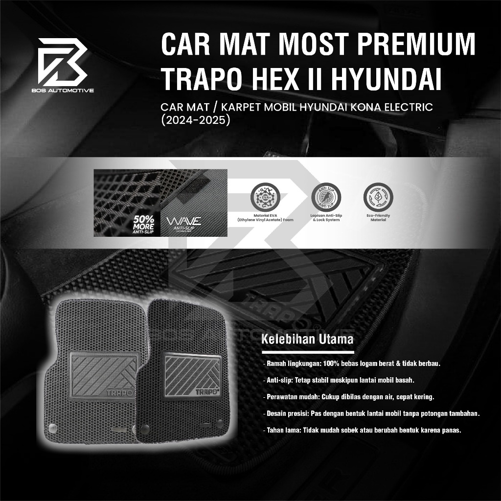 Karpet Mobil HYUNDAI KONA ELECTRIC (2024 - Sekarang) - Karpet Mobil Fullset Premium Anti Slip - Car Mats Trapo Hex II Original - foto-produk-4