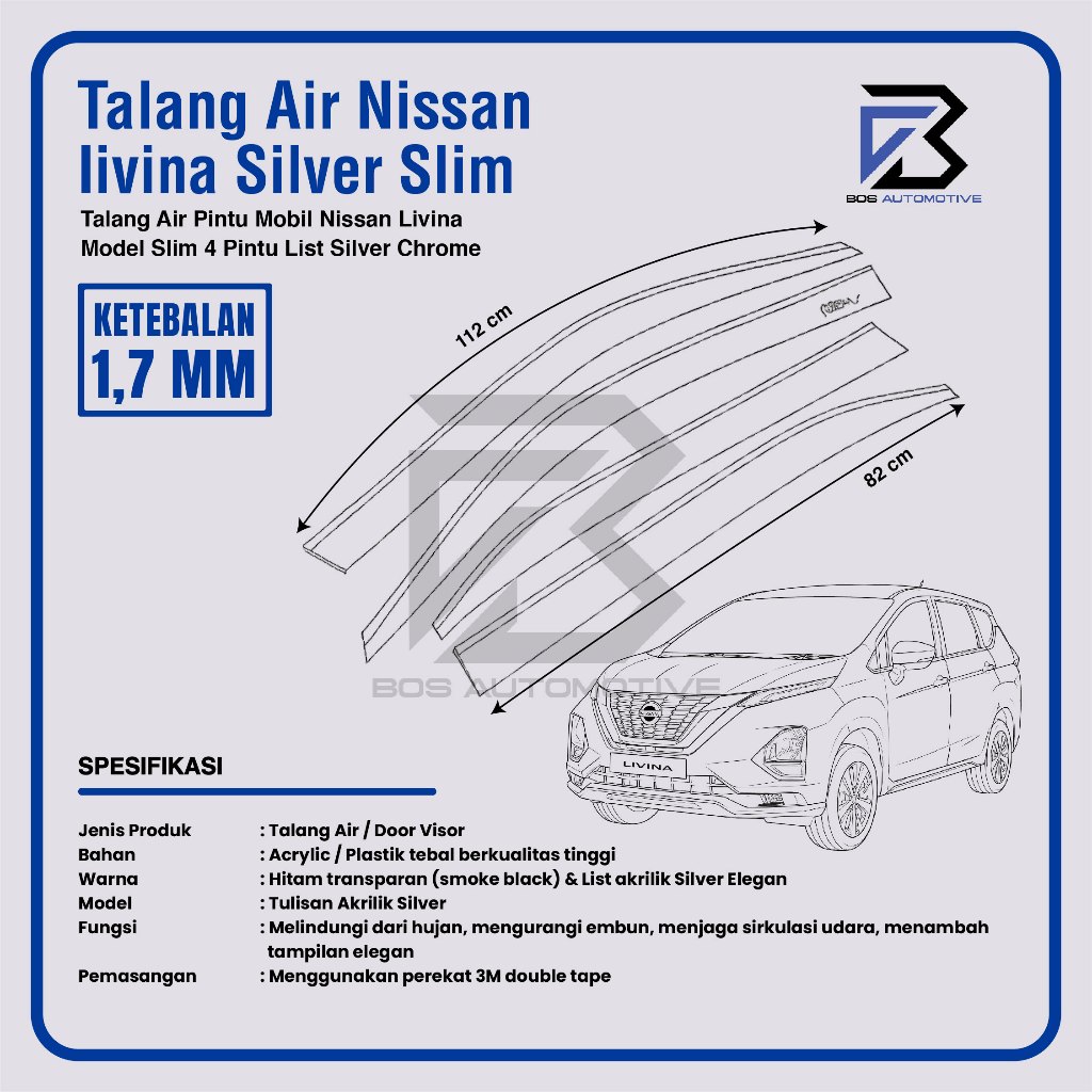 Talang Air Pintu Mobil List Silver Nissan Grand Livina 2007 - 2018 Model Slim 4 Pintu - foto-produk-2