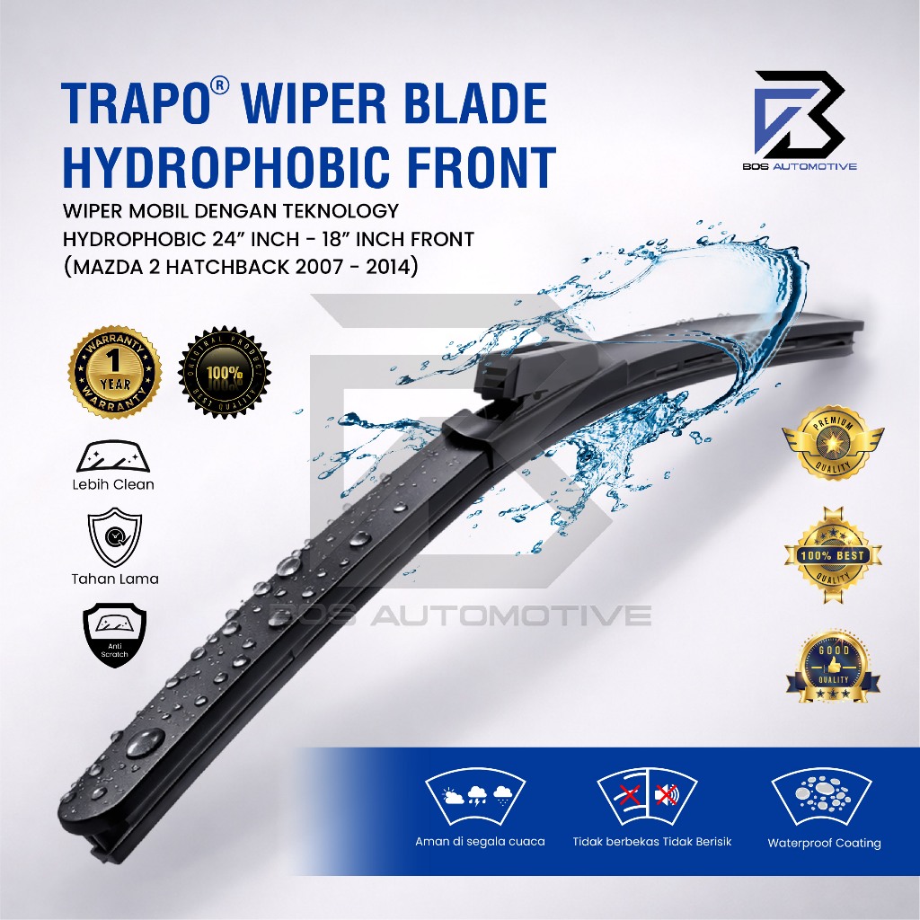 Wiper Blade Trapo Hydrophobic - Wiper Mobil Mazda 2  (2007-Sekarang) Frame Hook Original - foto-variasi-1