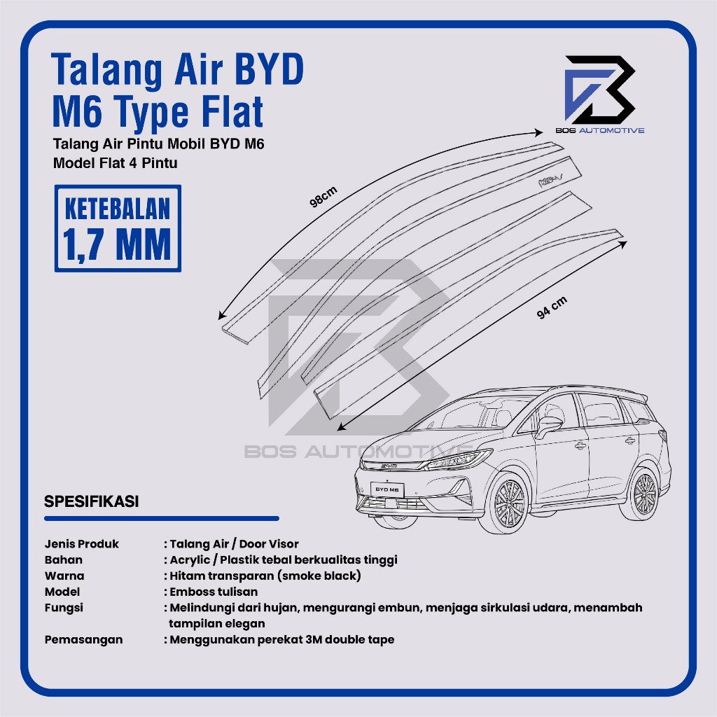 Talang Air Pintu Mobil BYD M6 2024 - 2026 Model Flat Rata 4 Pintu - foto-produk-3