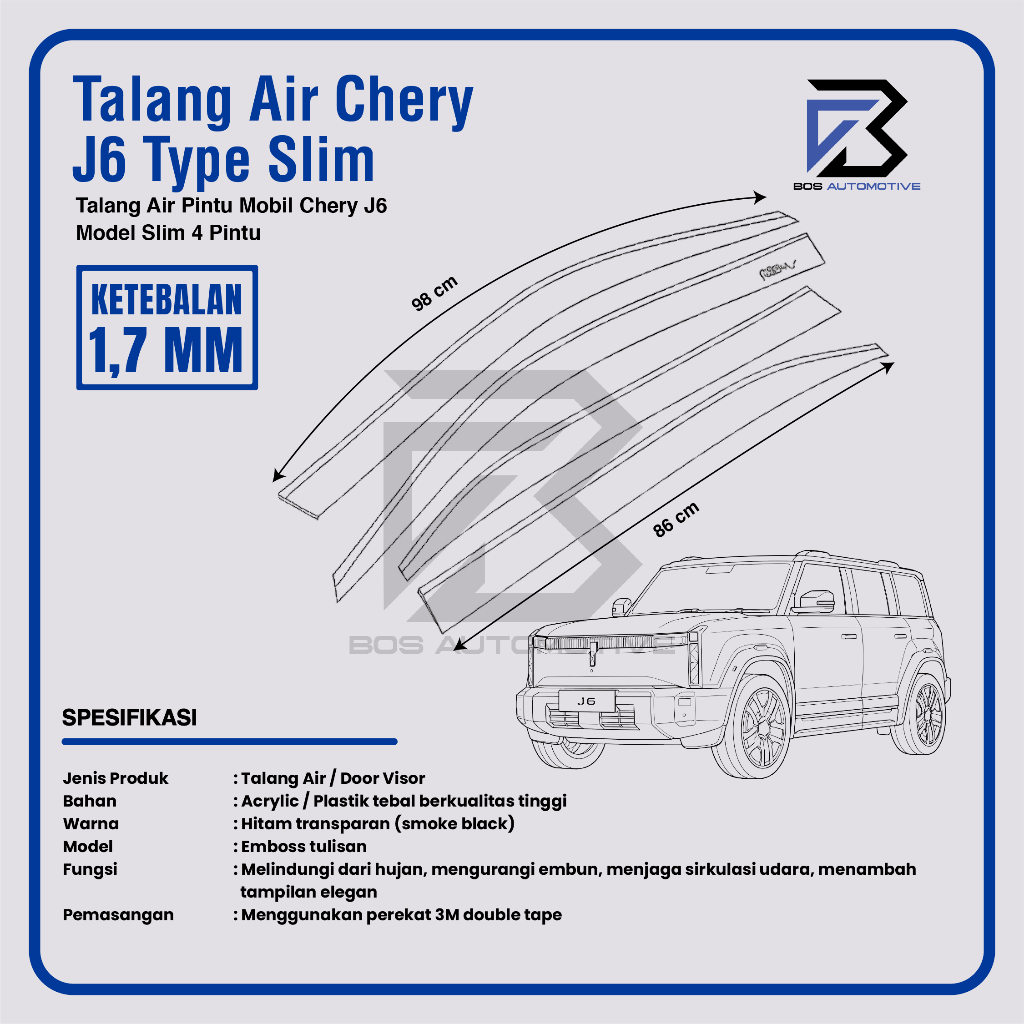Talang Air Pintu untuk Mobil Chery J6 2024 â€“ 2025 Model Slim 4 Pintu - foto-produk-2