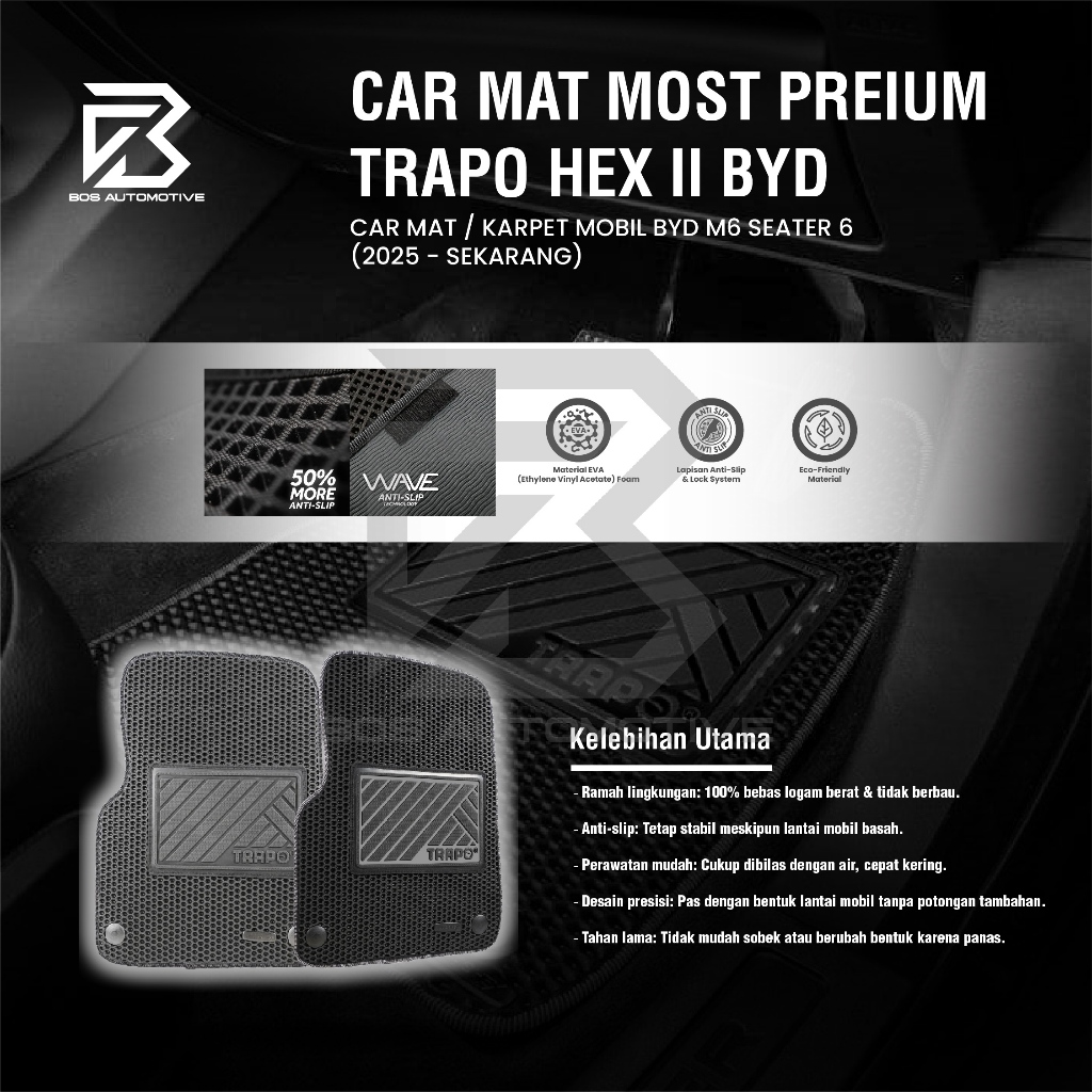 Karpet Mobil BYD M6 6 Seater (2024 - Sekarang) Fullset Premium - Car Mats TRAPO HEX II Original - foto-produk-4