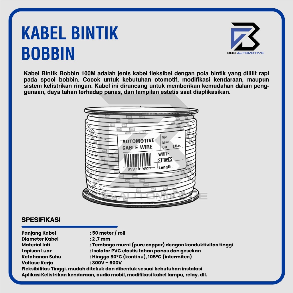 Kabel Bintik AVSS 1.5MM x 50M Kabel Otomotif Body Mobil Motor Serabut Tembaga (Bobin) - foto-produk-2