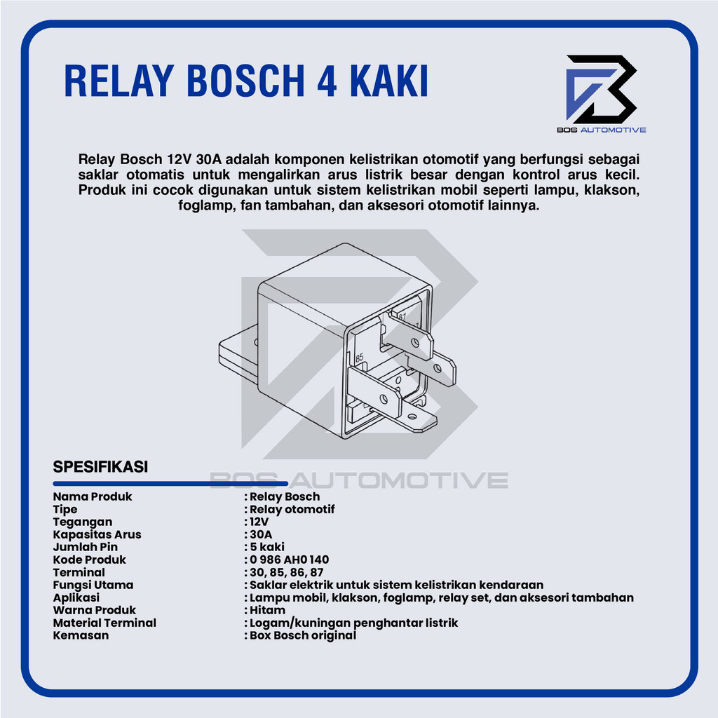 Relay BOSCH Kaki 4 Pin 12 volt 24 Volt 30 Ampere 20 Ampere Relay BOSCH Kaki 5 Pin 12 Volt 24 Volt Pemutus Arus 87a Mobil Motor Original - foto-produk-2
