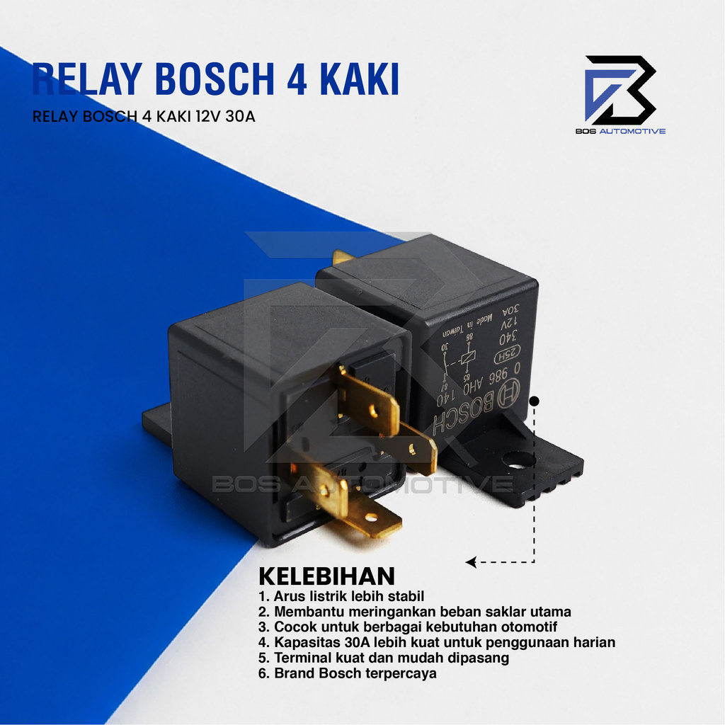 Relay BOSCH Kaki 4 Pin 12 volt 24 Volt 30 Ampere 20 Ampere Relay BOSCH Kaki 5 Pin 12 Volt 24 Volt Pemutus Arus 87a Mobil Motor Original - foto-produk-3
