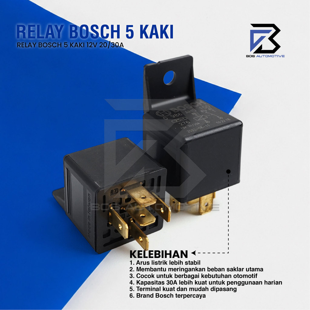 Relay BOSCH Kaki 4 Pin 12 volt 24 Volt 30 Ampere 20 Ampere Relay BOSCH Kaki 5 Pin 12 Volt 24 Volt Pemutus Arus 87a Mobil Motor Original - foto-produk-4