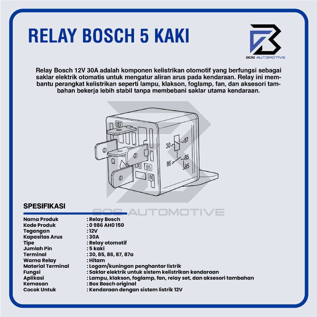 Relay Bosch Kaki 5 Pin 12V 30 Ampere Pemutus Arus Untuk Klakson Lampu Mobil Motor Original - foto-produk-2