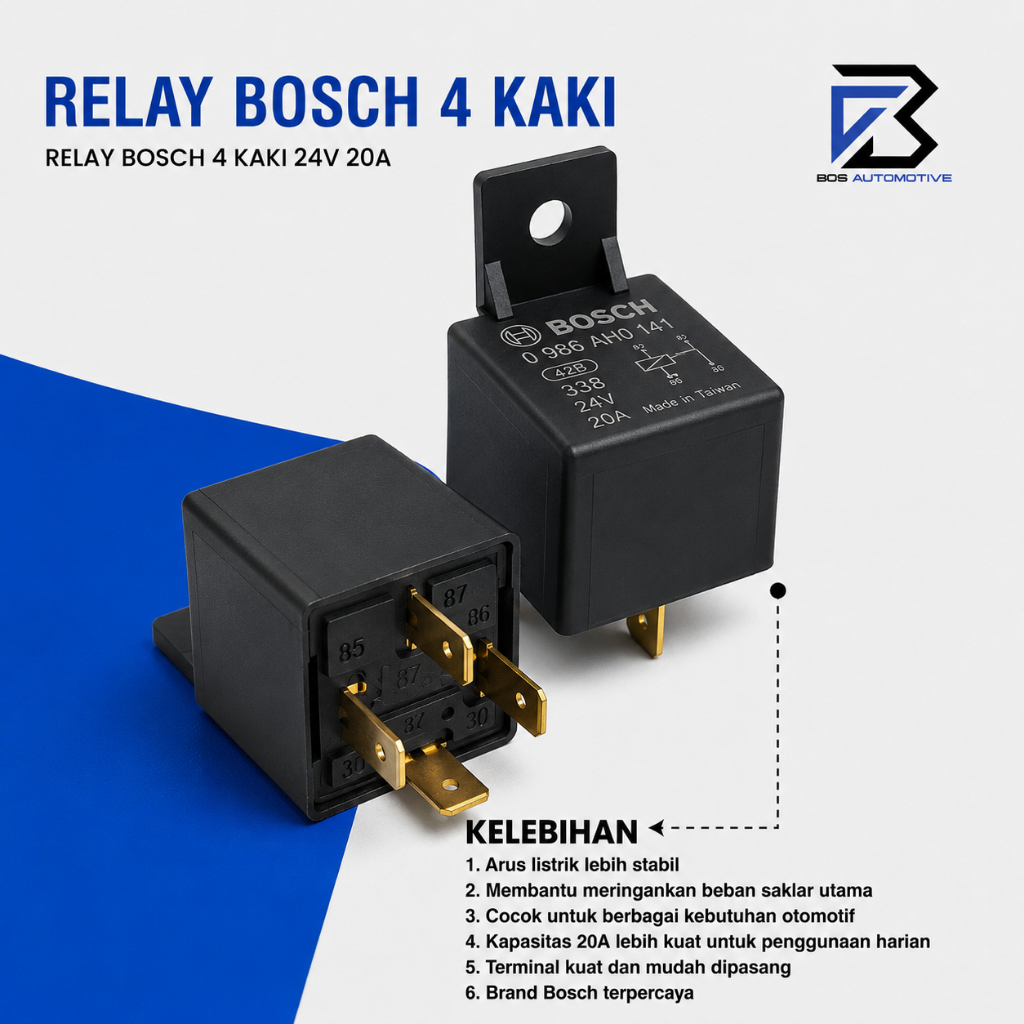 Relay Bosch  Kaki 4 Pin 24 Volt 20 Ampere  Untuk Klakson Lampu Mobil Truk Bus Original - foto-produk-2