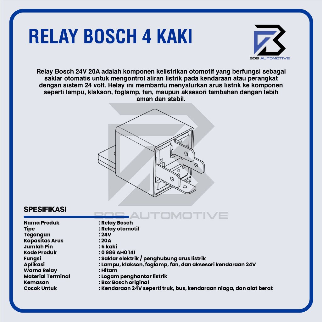 Relay Bosch  Kaki 4 Pin 24 Volt 20 Ampere  Untuk Klakson Lampu Mobil Truk Bus Original - foto-produk-3