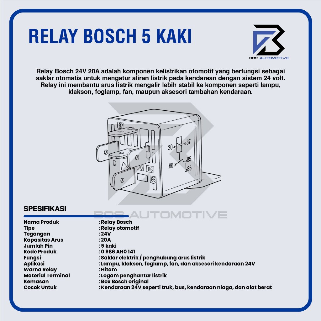 Relay Bosch Kaki 5 Pin 24V 20 Ampere Untuk Klakson Lampu Mobil Truk Bus Original - foto-produk-2