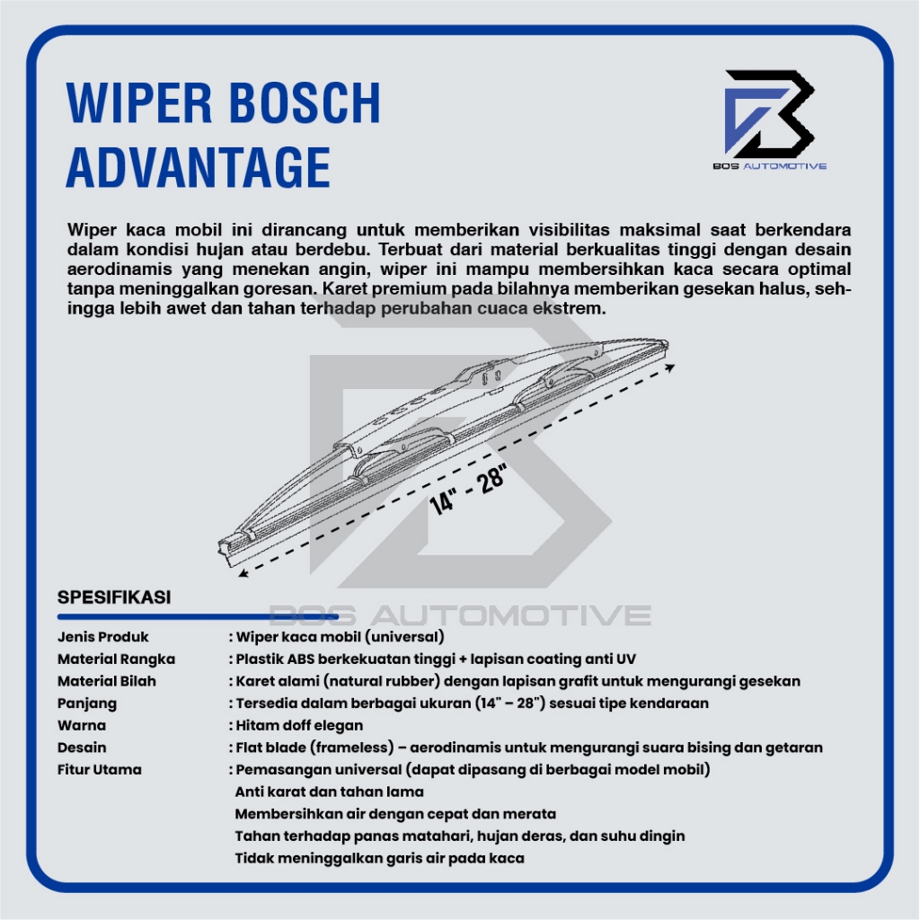Wiper Blade BOSCH Advantage Besi Kipas Kaca Depan Mobil Frame Hook 14" 16" 17" 18" 19" 20" 21" 22" 24" 26" Inch Original - foto-produk-2