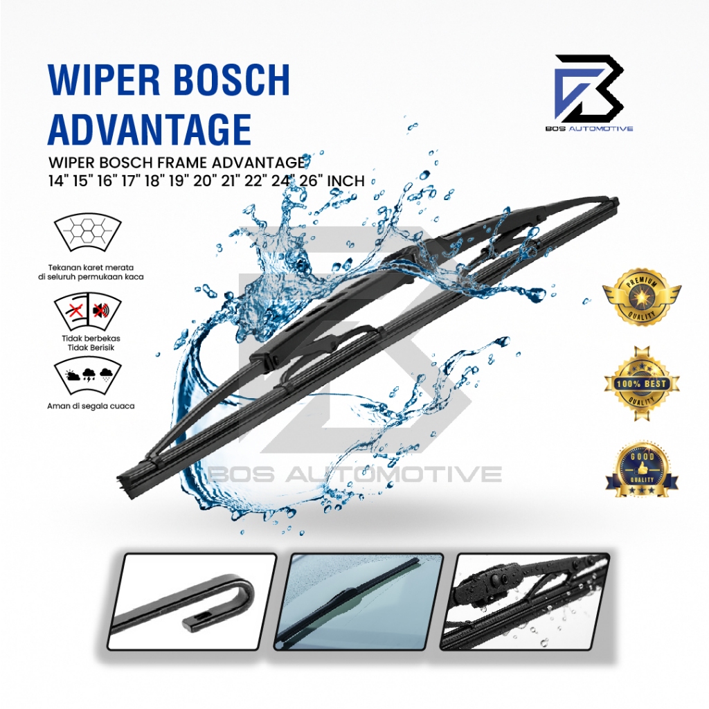 Wiper Blade BOSCH Advantage Besi Kipas Kaca Depan Mobil Frame Hook 14" 16" 17" 18" 19" 20" 21" 22" 24" 26" Inch Original